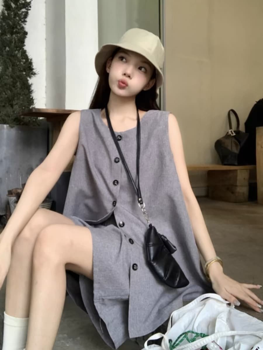 캐주얼 느긋한 바람 민소매 베스트 세트 여성 여름 새로운 익스트림 제인 단추 조끼 반바지 투피스 세트 느슨함 센스 상세 이미지 14