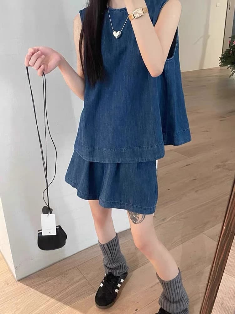 한 부서 모방 데님 세트 여성 여름 새로운 캐주얼 느긋한 바람 운동 민소매 조끼 반바지 투피스 세트 슬림해 보이는 상세 이미지 8