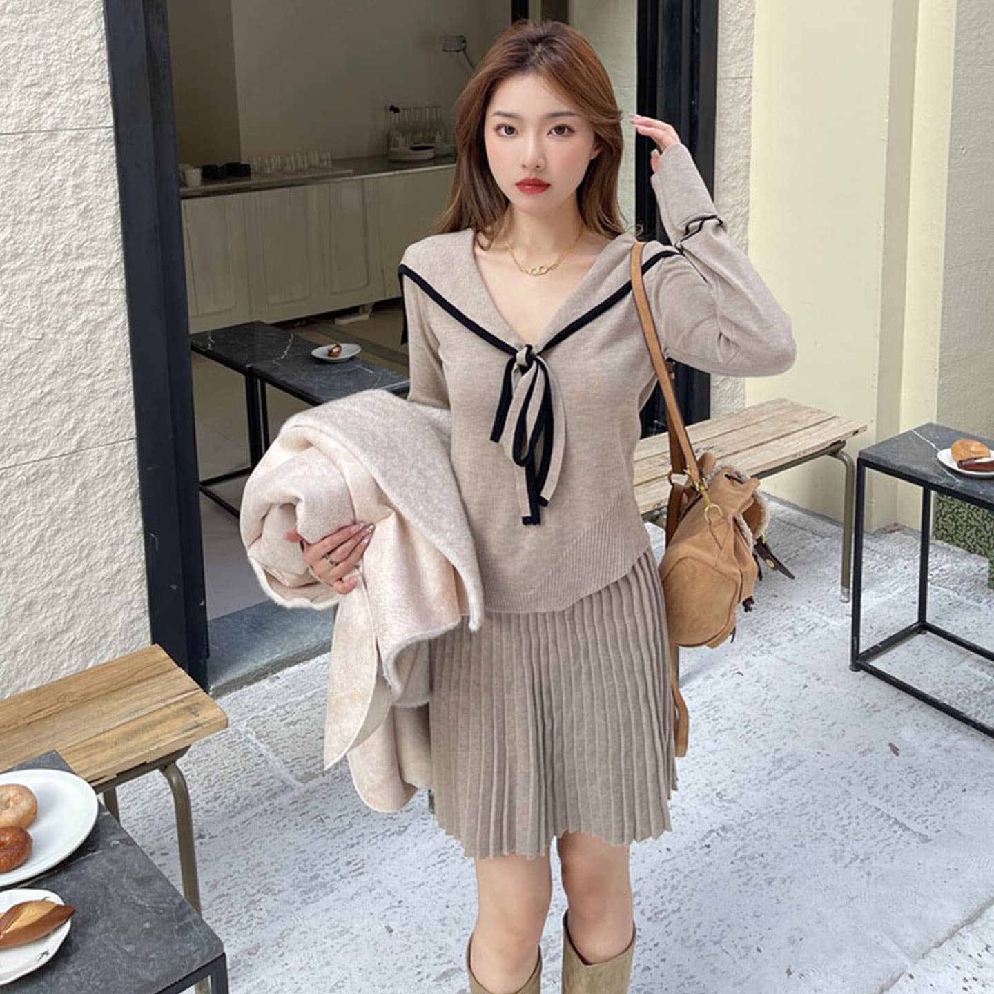 원본 좋은 품질 한 부서 세트 배색 해군 칼라 스트랩 니트 스웨터 맨위 플리츠 반신 스커트 투피스 세트 상세 이미지 2