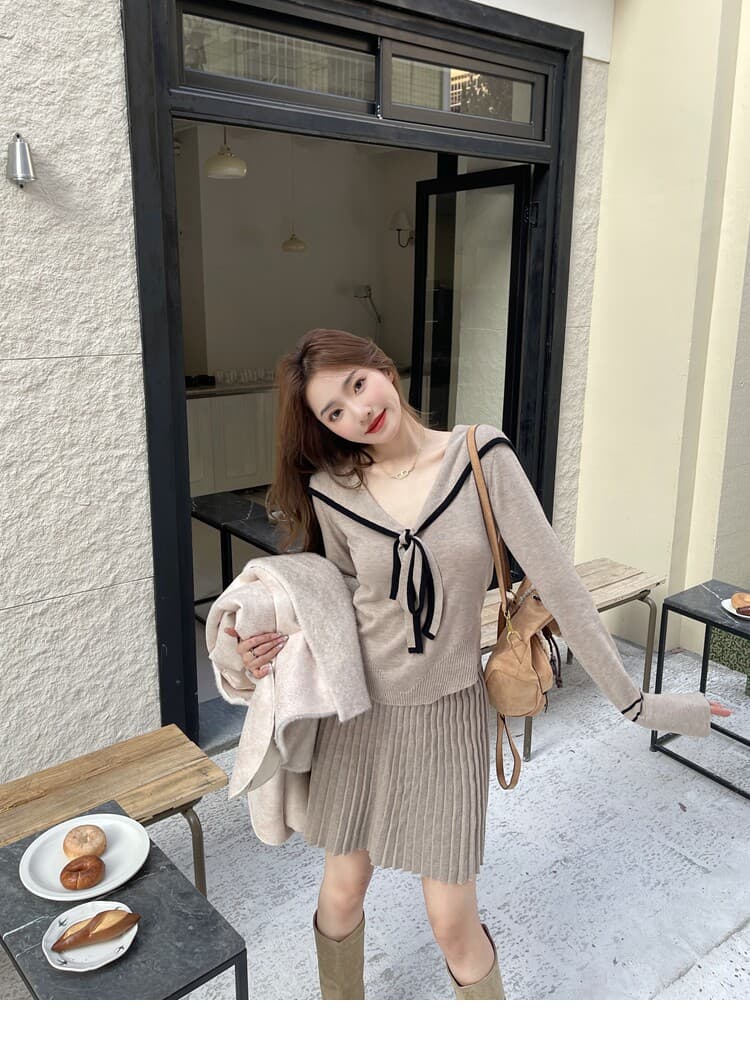 원본 좋은 품질 한 부서 세트 배색 해군 칼라 스트랩 니트 스웨터 맨위 플리츠 반신 스커트 투피스 세트 상세 이미지 16