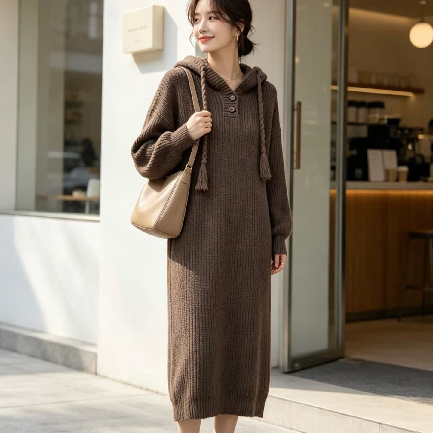 원본 좋은 품질 후드 디자인 무릎 아래 롱 코트 스웨터 치마 빅 사이즈 지방 mm 표지 배 슬림해 보이는 니트 드레스 이미지 5
