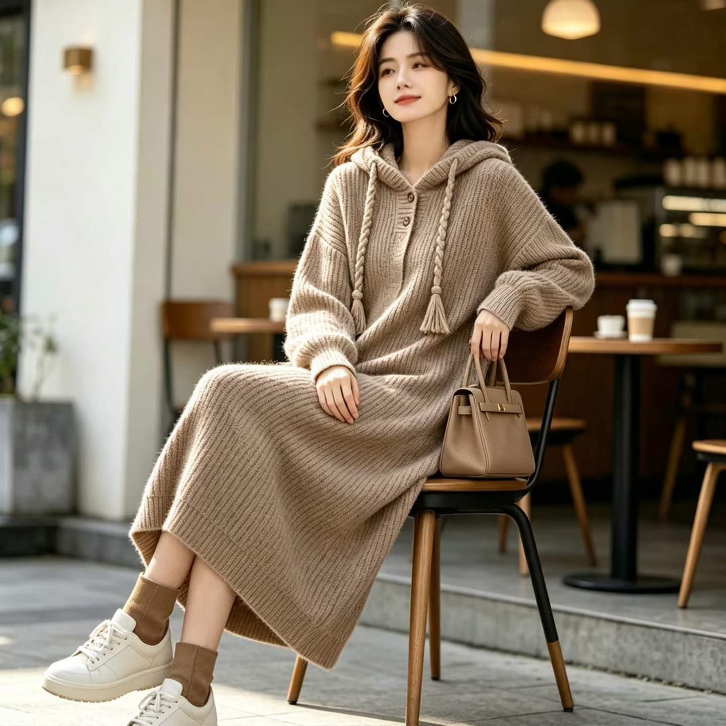 원본 좋은 품질 후드 디자인 무릎 아래 롱 코트 스웨터 치마 빅 사이즈 지방 mm 표지 배 슬림해 보이는 니트 드레스 이미지 4