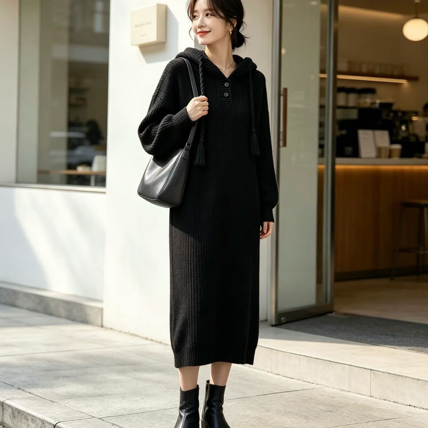 원본 좋은 품질 후드 디자인 무릎 아래 롱 코트 스웨터 치마 빅 사이즈 지방 mm 표지 배 슬림해 보이는 니트 드레스 상세 이미지 5