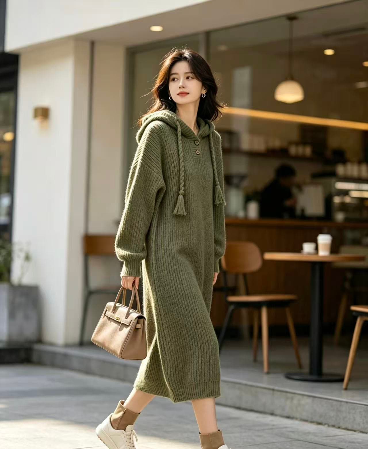 원본 좋은 품질 후드 디자인 무릎 아래 롱 코트 스웨터 치마 빅 사이즈 지방 mm 표지 배 슬림해 보이는 니트 드레스 상세 이미지 20