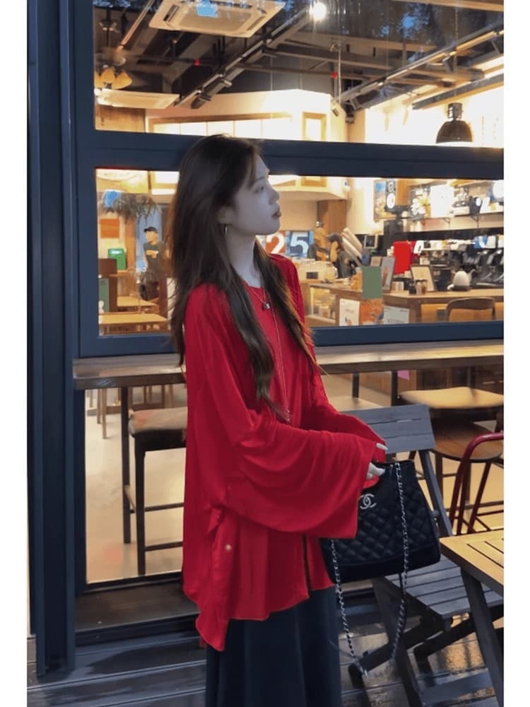 정가 느긋한 느슨함 센스 착용 가져 가라. 전체 집합 빅 사이즈 빨간색 루즈핏 긴팔 자외선 차단 맨위 반신 스커트 상세 이미지 2