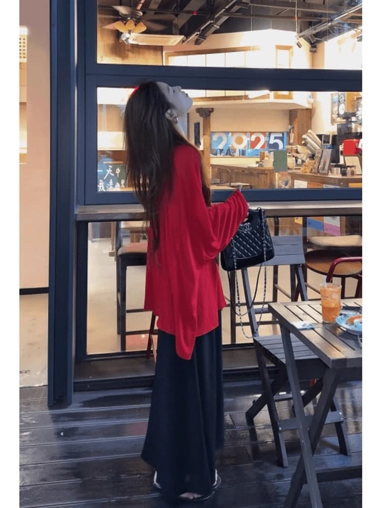 정가 느긋한 느슨함 센스 착용 가져 가라. 전체 집합 빅 사이즈 빨간색 루즈핏 긴팔 자외선 차단 맨위 반신 스커트 상세 이미지 4