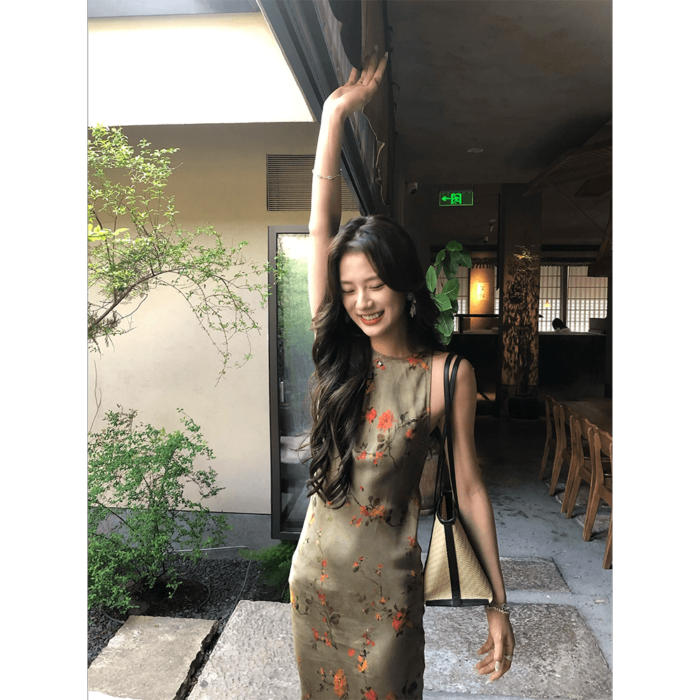 정가 재고 있음 새로운 중식 레트로 행침 목 민소매 여성 드레스 봄 새로운 디자인 센스 허리 수축 길다 치마 이미지 4