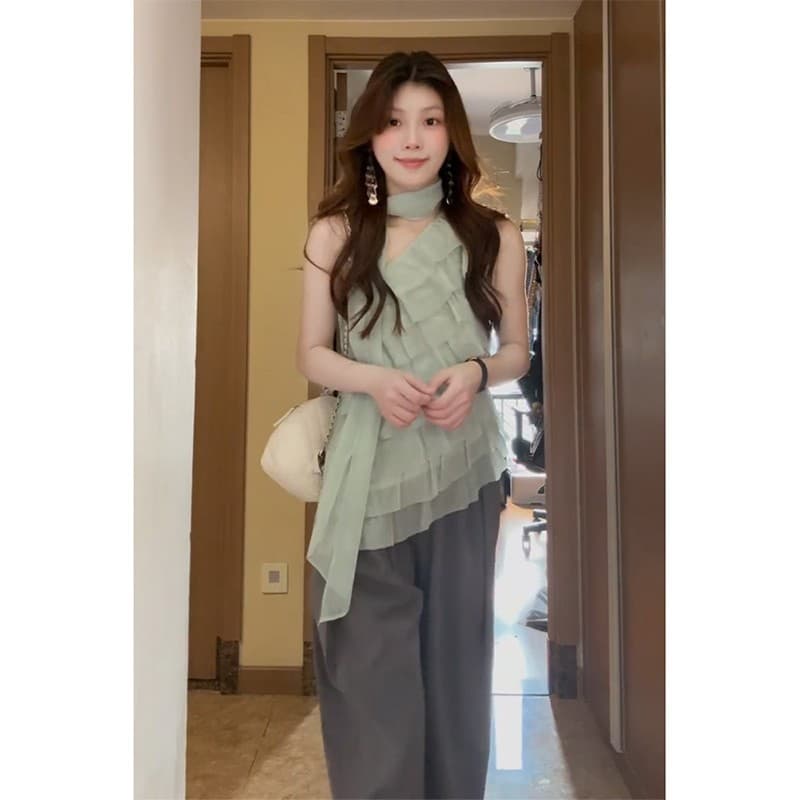 정가 재고 있음 출퇴근 느슨함 바람 프릴 리본 비스듬한 어깨 조끼 맨위 하이웨이스트 루즈핏 와이드 레그 팬츠 세트 상세 이미지 5
