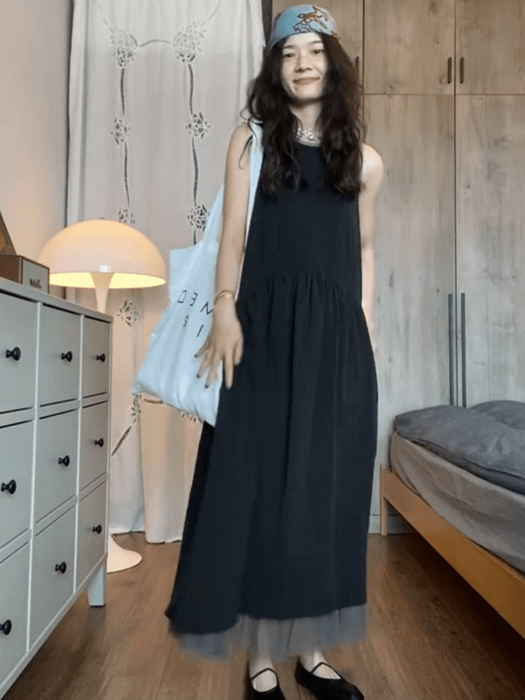 정가 재고 있음 한 부서 느슨함 센스 민소매 드레스 여름 새로운 망사 패치워크 느긋한 바람 롱 코트 작은 검은 드레스 상세 이미지 3