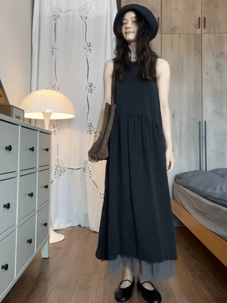 정가 재고 있음 한 부서 느슨함 센스 민소매 드레스 여름 새로운 망사 패치워크 느긋한 바람 롱 코트 작은 검은 드레스 상세 이미지 4