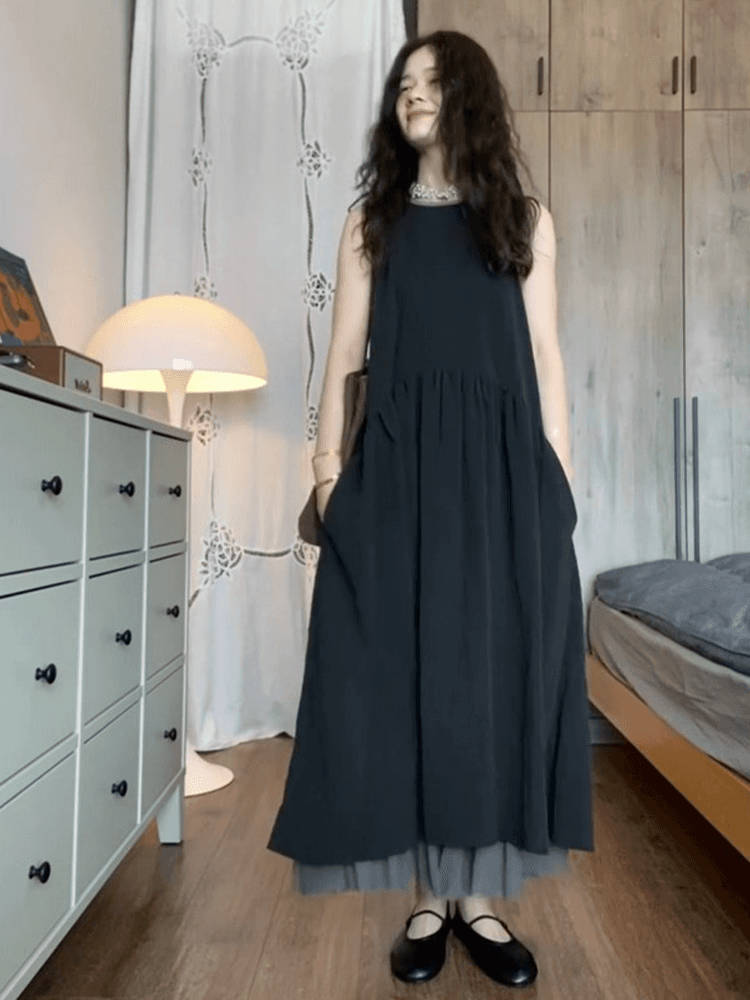 정가 재고 있음 한 부서 느슨함 센스 민소매 드레스 여름 새로운 망사 패치워크 느긋한 바람 롱 코트 작은 검은 드레스 상세 이미지 5