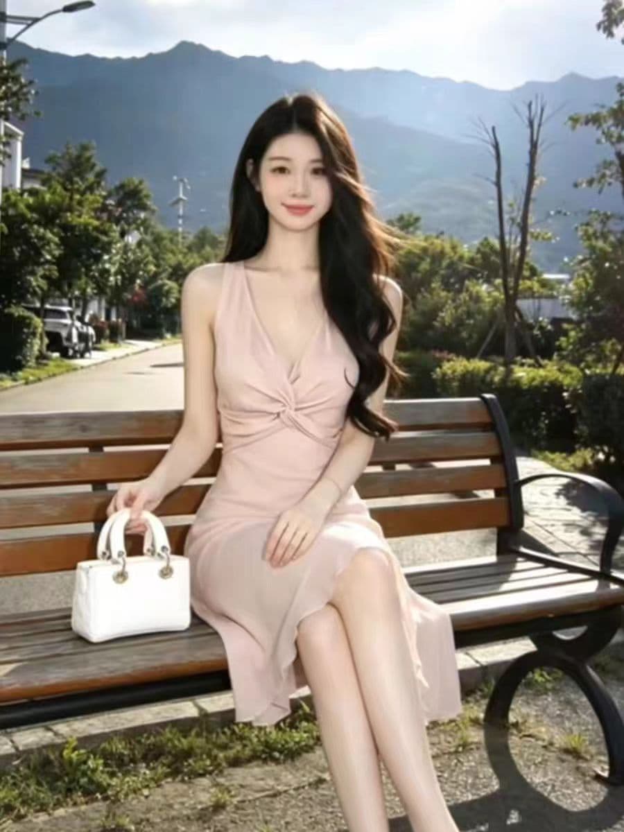 정가 재고 있음 달콤한 스타일 핑크색 V넥 민소매 여성 드레스 여름 새로운 디자인 센스 허리 수축 한 마디 치마 이미지 4