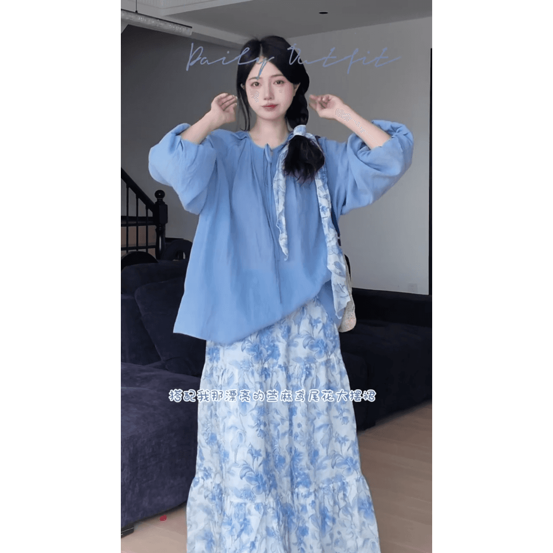 정가 재고 있음 여름 새로운 파란색 레이스업 긴팔 여성 셔츠 큰 진자 꽃무늬 케이크 롱 스커트 패션 세트 상세 이미지 4