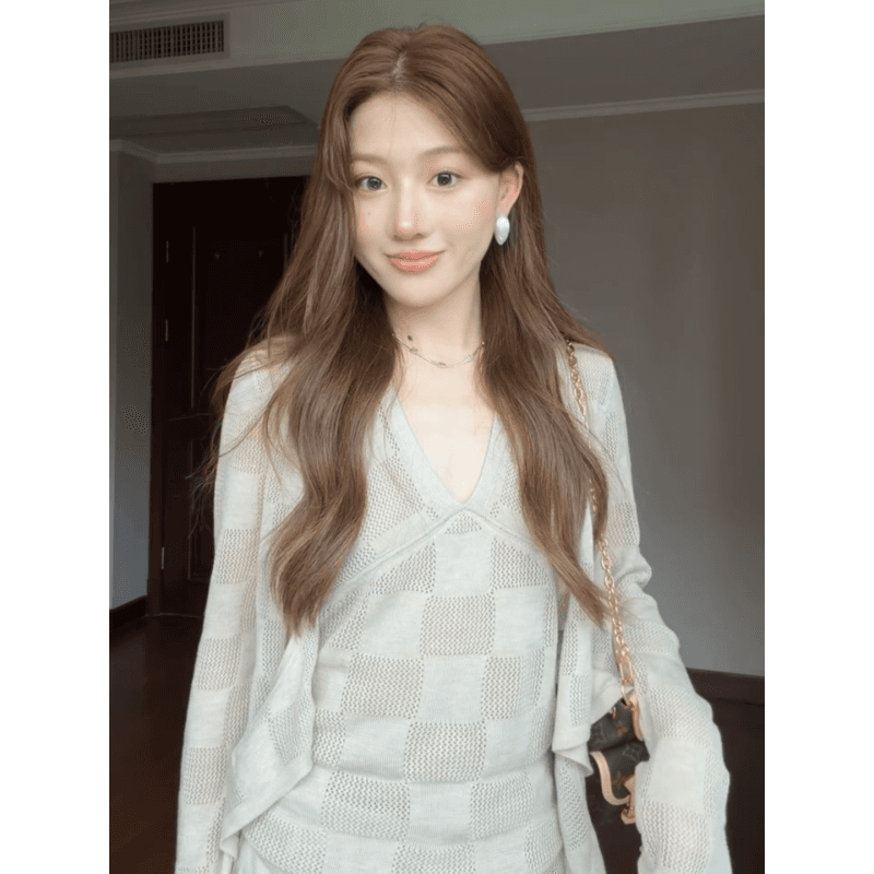 정가 프랑스식 느긋한 바람 체스 판 그리드 홀로우 아웃 자외선 차단 오픈 가디건 슬립 맨위 루즈핏 와이드 레그 팬츠 세트 이미지 4