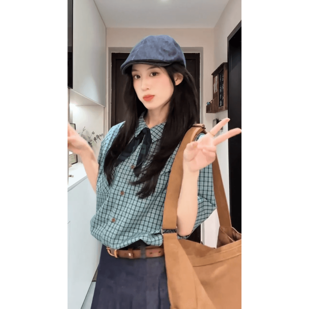 정가 출퇴근 학원 스타일 체크무늬 반팔 폴로 칼라 셔츠 디자인 센스 슬림해 보이는 플리츠 반신 치마 세트 이미지 3