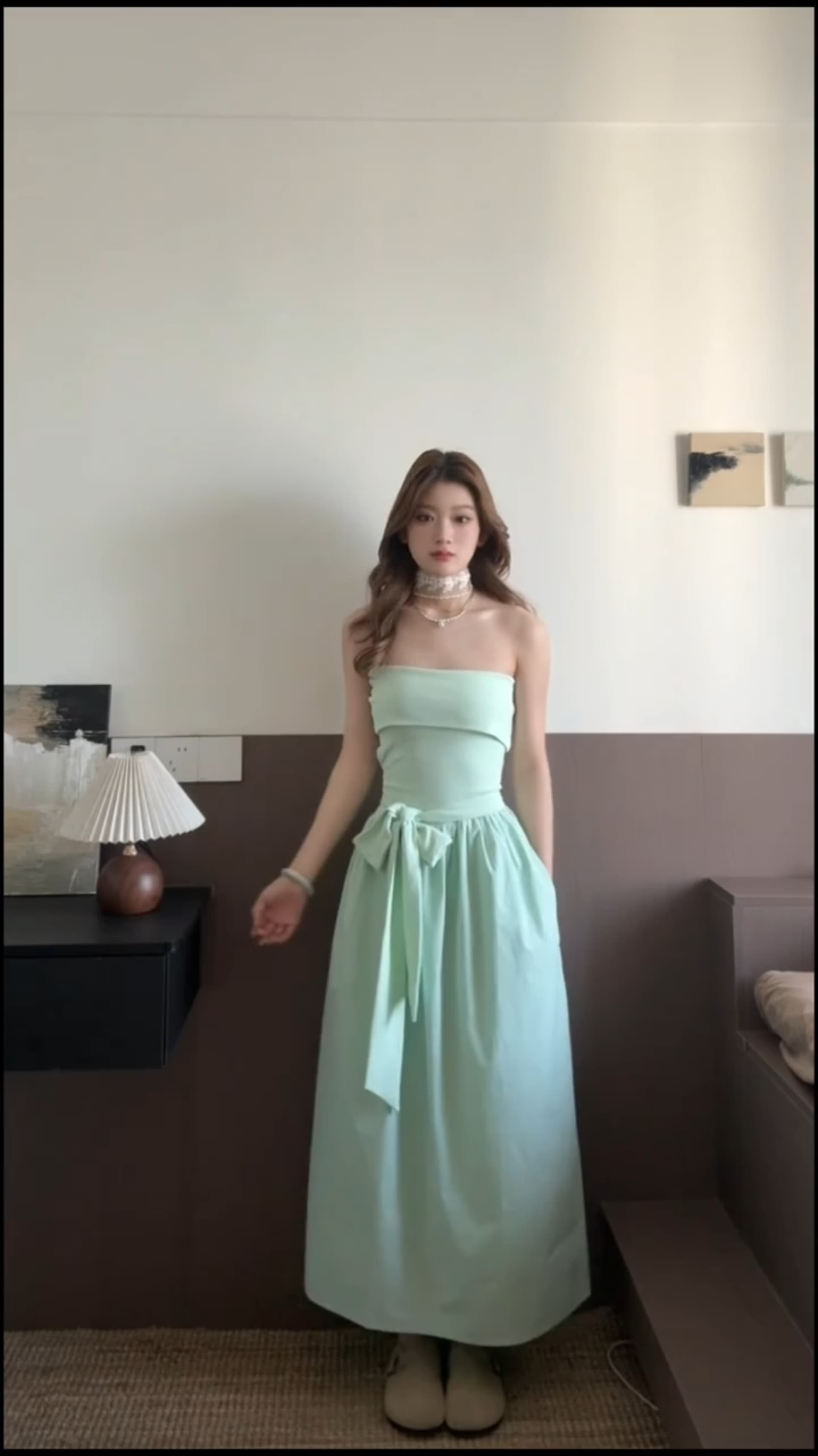 정가 재고 있음 여름 새로운 프랑스식 나비 매듭 허리 수축 튜브탑 여성 드레스 고급 센스 길다 치마 이미지 3
