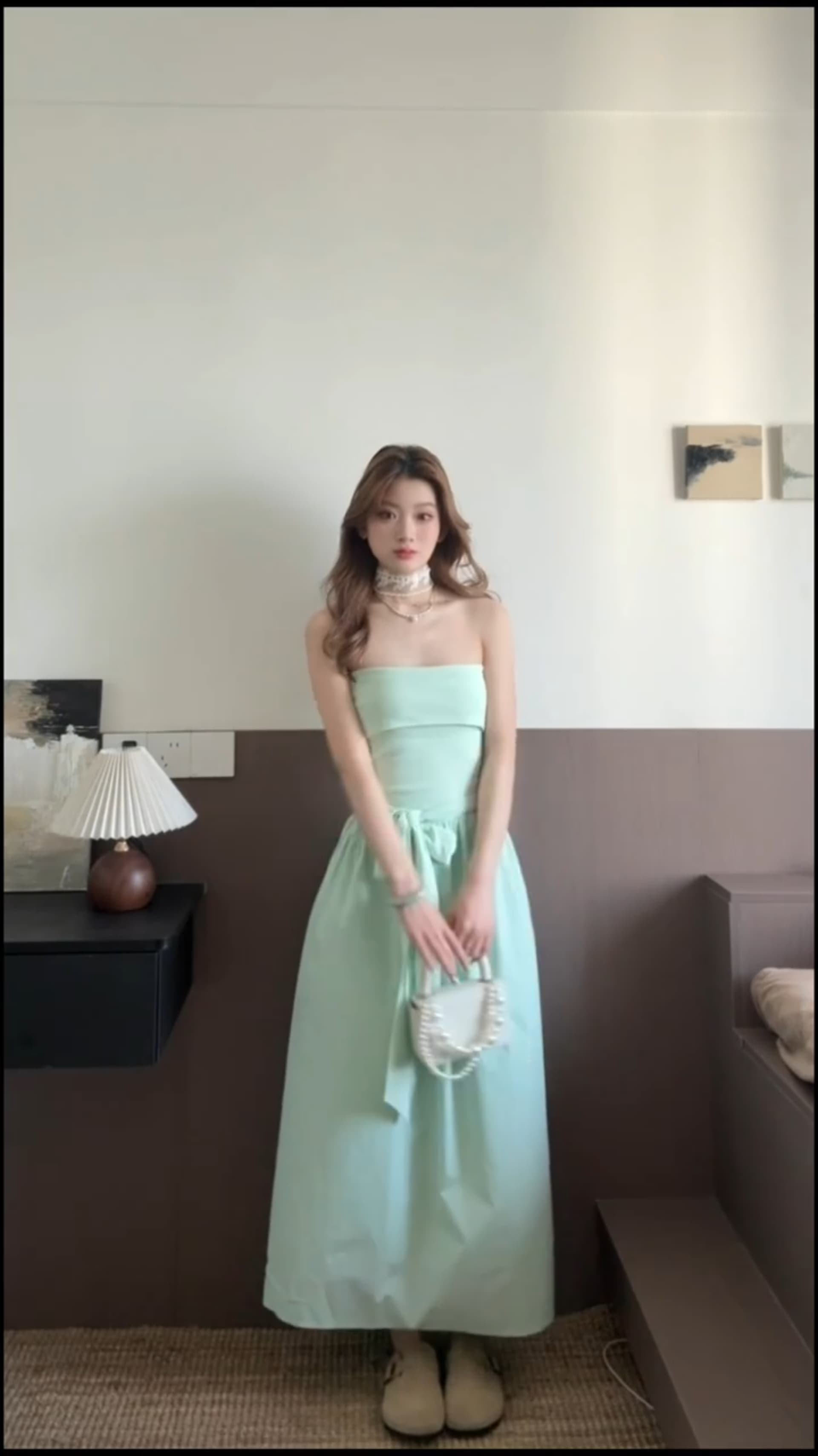 정가 재고 있음 여름 새로운 프랑스식 나비 매듭 허리 수축 튜브탑 여성 드레스 고급 센스 길다 치마 이미지 2