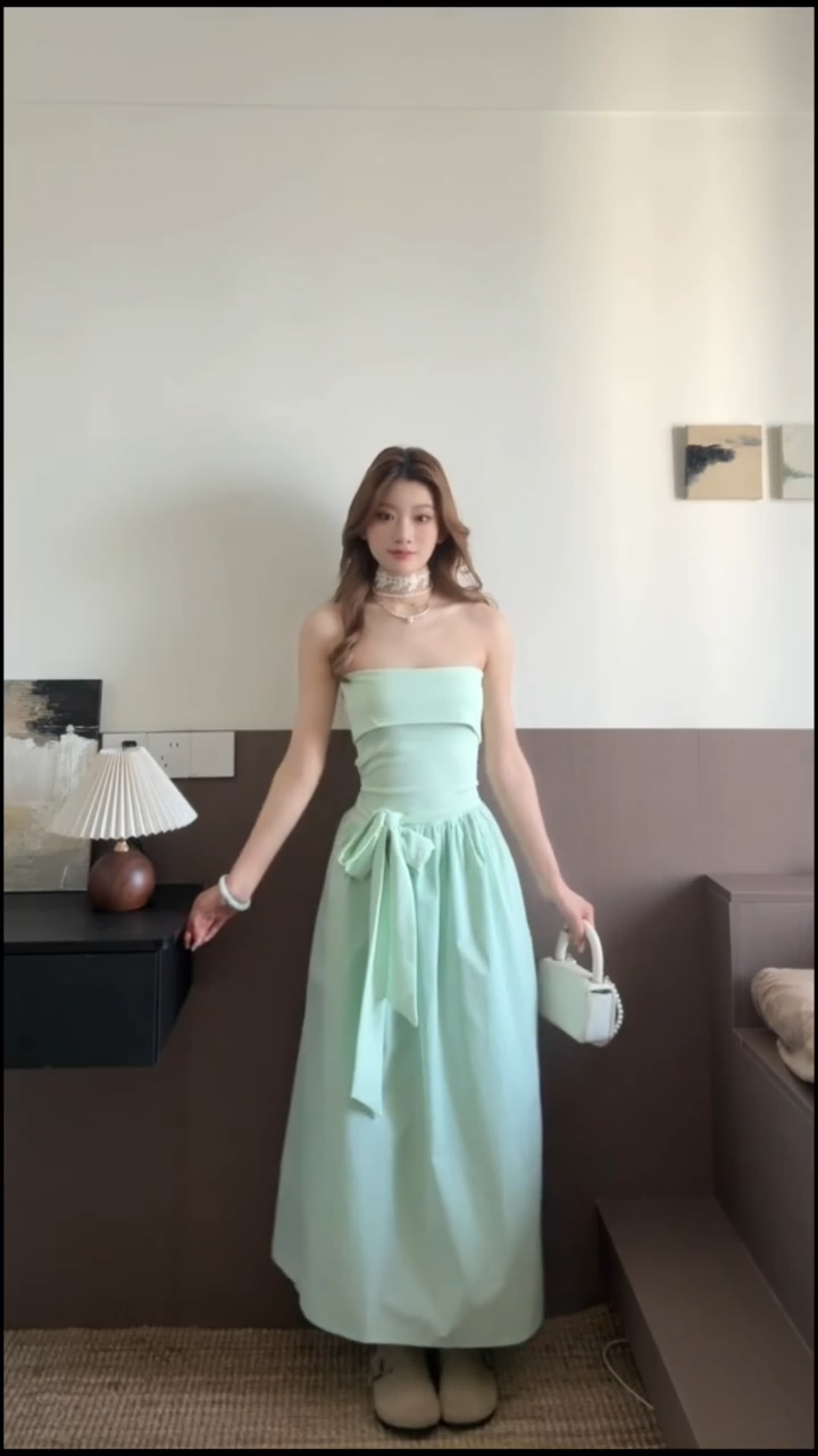 정가 재고 있음 여름 새로운 프랑스식 나비 매듭 허리 수축 튜브탑 여성 드레스 고급 센스 길다 치마 상세 이미지 2