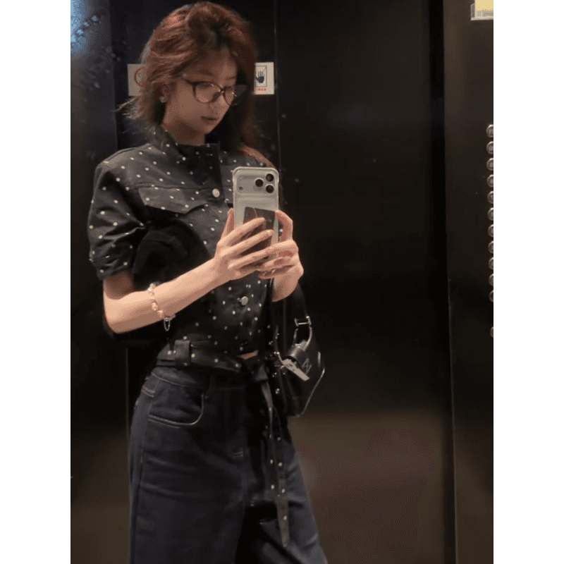 정가 레트로 검정색 도트 무늬 스탠드 칼라 반팔 여성 셔츠 2026 여름 작은 대중 디자인 센스 품격 핫걸 맨위 이미지 4