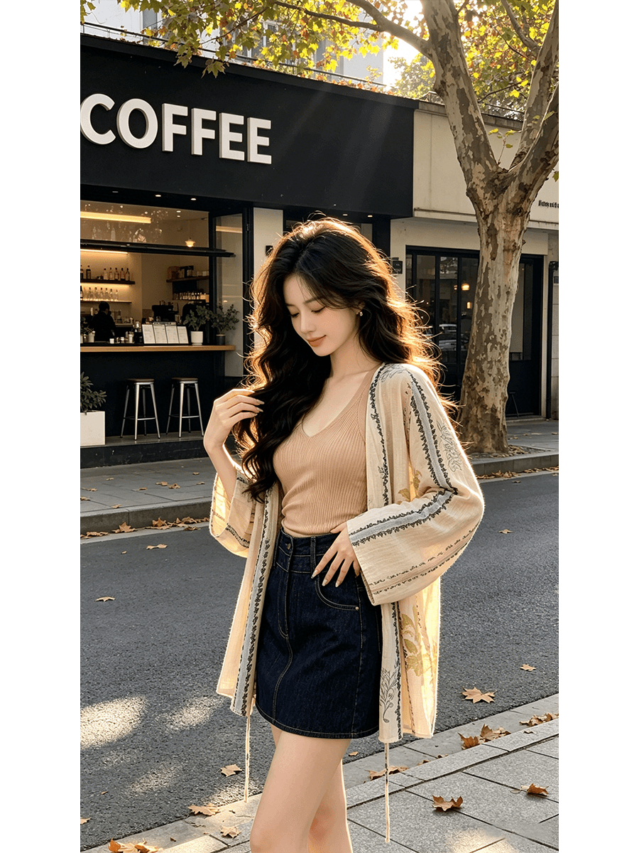 정가 재고 있음 여름 얇은 스타일 프린트 외부 가져 가라. 오픈 가디건 배색 긴팔 루즈핏 태양 보호 셔츠 여성 2026 여름 새로운 상세 이미지 3
