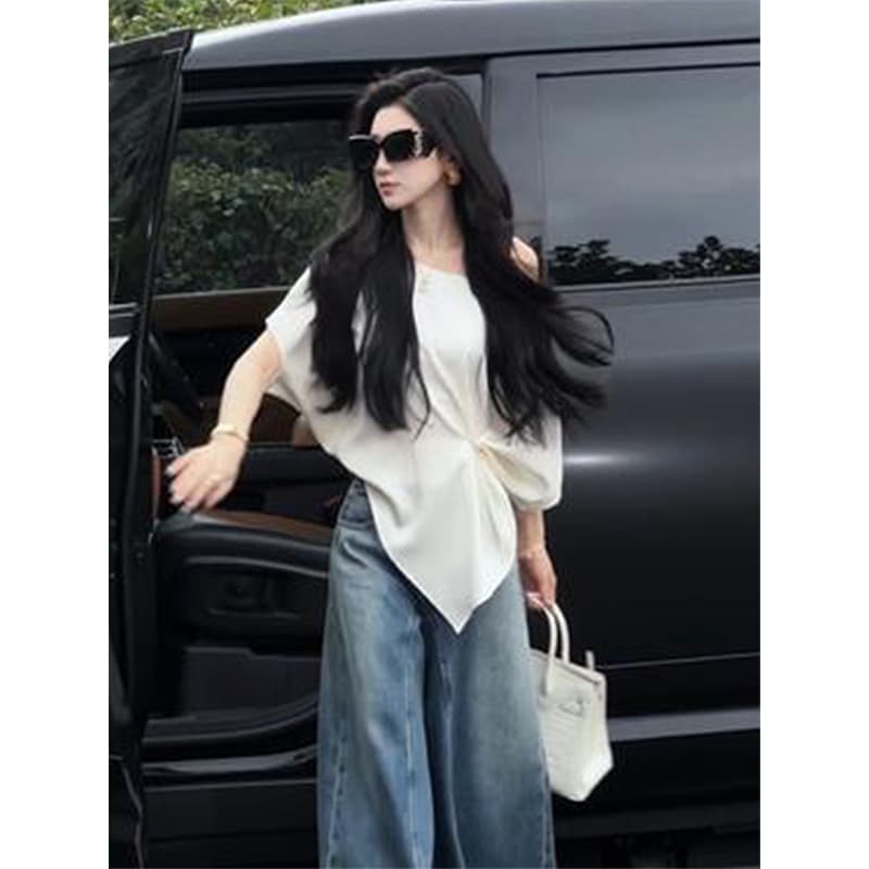 정가 재고 있음 한 부서 순수한 욕망 바람 오프숄더 디자인 불규칙 티셔츠 여름 새로운 꼬집기 허리 트임 슬림해 보이는 맨위 이미지 4