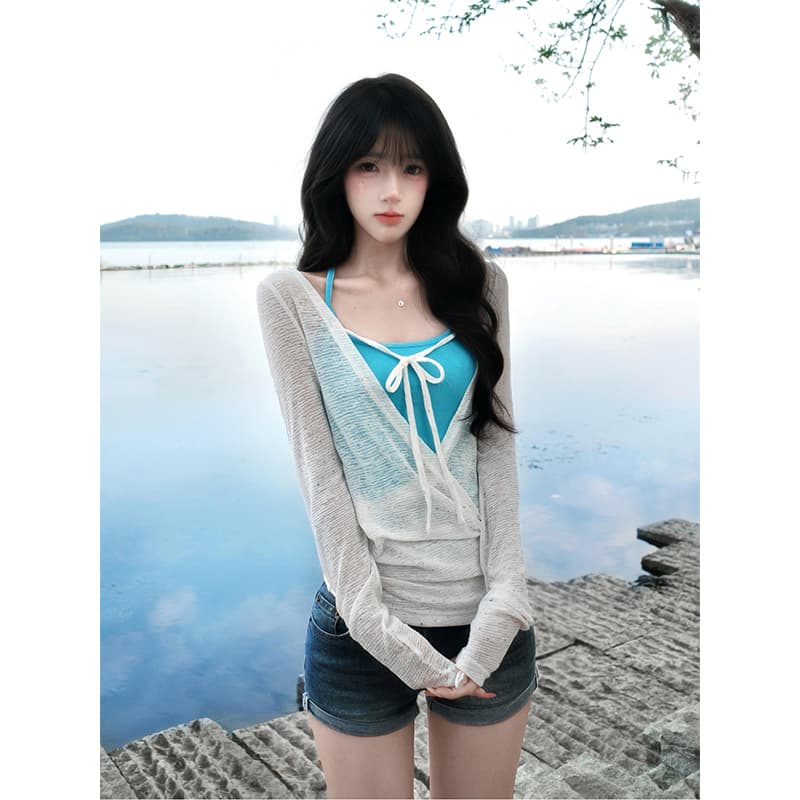 정가 재고 있음 새로운 한 부서 파란색 캐미솔 몸매 가꾸기 슬림해 보이는 스택 착용 블라우스 레이스업 맨위 세트