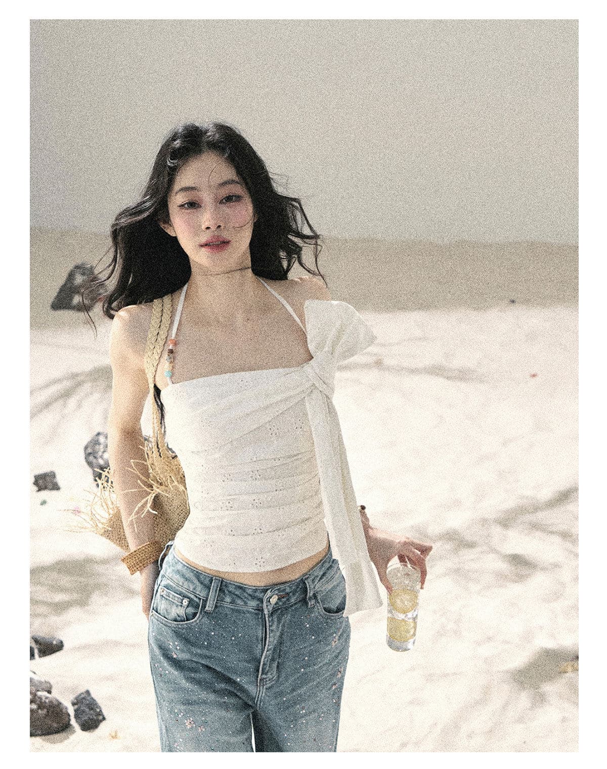 정가 순수한 욕망 부드러운 바람 행침 목 홀로우 아웃 주름 티셔츠 여성 여름 새로운 자이언트 잘 생긴 비틀림 작은 맨위 상세 이미지 3