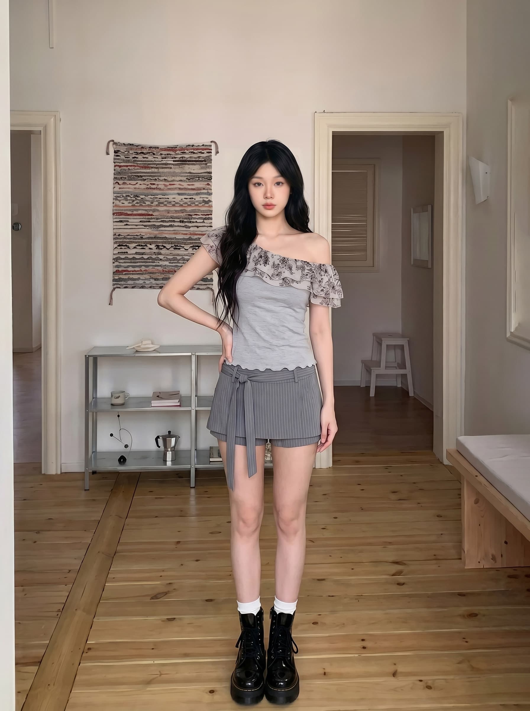 정가 한 부서 프릴 패치워크 비스듬한 어깨 티셔츠 여성 여름 새로운 디자인 센스 몸매 가꾸기 다용도 맨위 상세 이미지 2