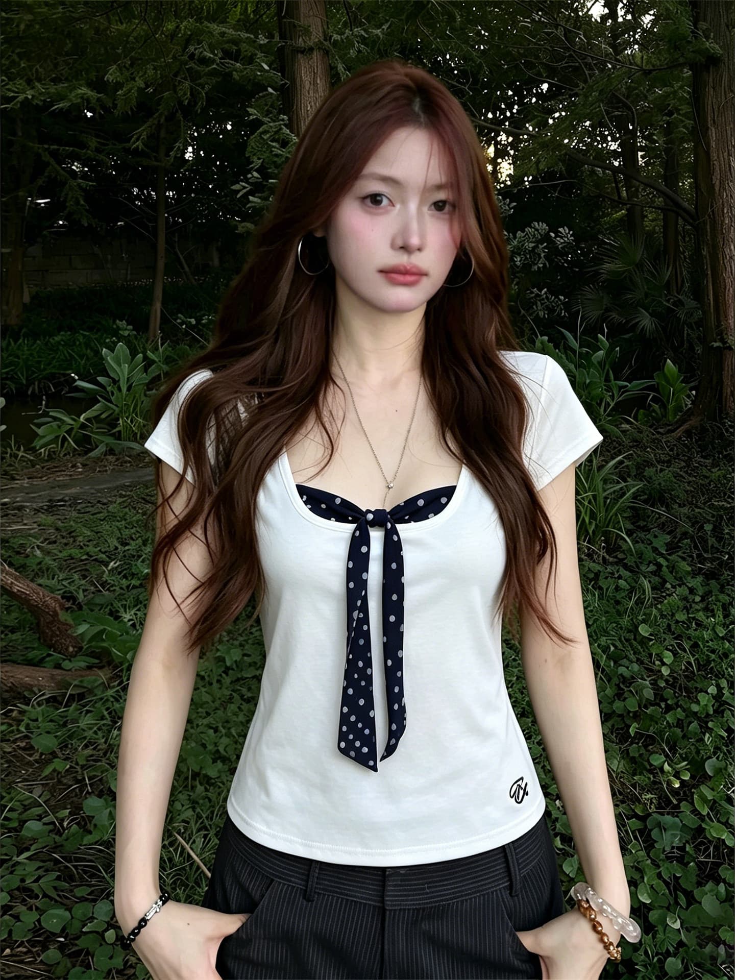 정가 재고 있음 작은 대중 튀김 거리 고급 센스 여성 의류 페이크 레이어드 나비 매듭 반팔 티셔츠 여름 다용도 맨위 상세 이미지 3