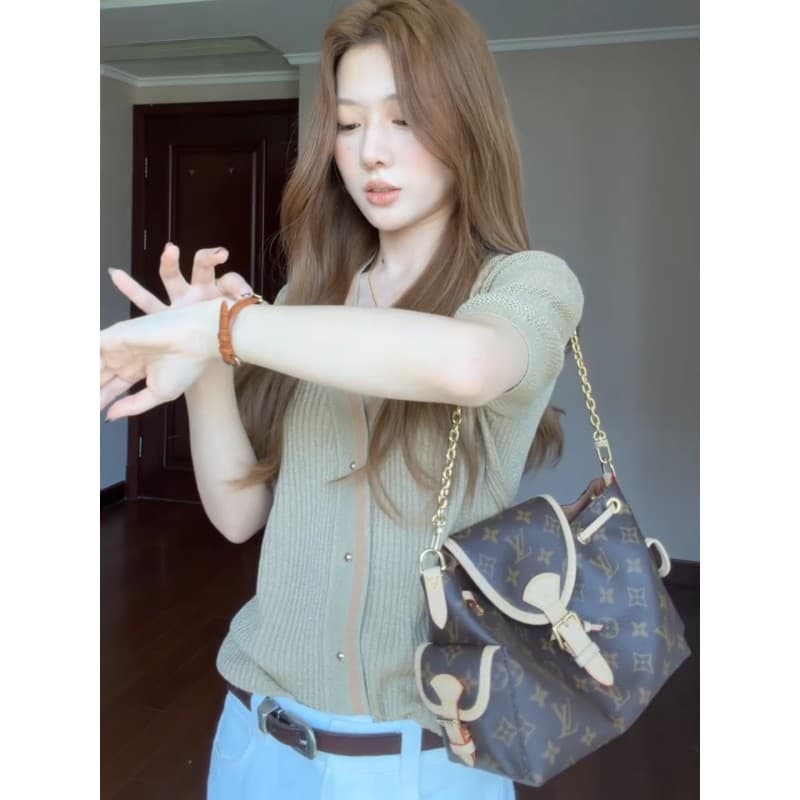 정가 한 부서 출퇴근 바람 V넥 반팔 니트 오픈 가디건 여성 루즈핏 슬림해 보이는 넓은 다리 캐주얼 바지 세트 이미지 4