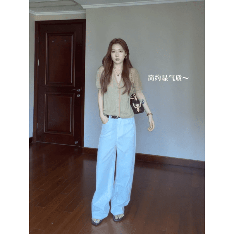 정가 한 부서 출퇴근 바람 V넥 반팔 니트 오픈 가디건 여성 루즈핏 슬림해 보이는 넓은 다리 캐주얼 바지 세트 상세 이미지 4