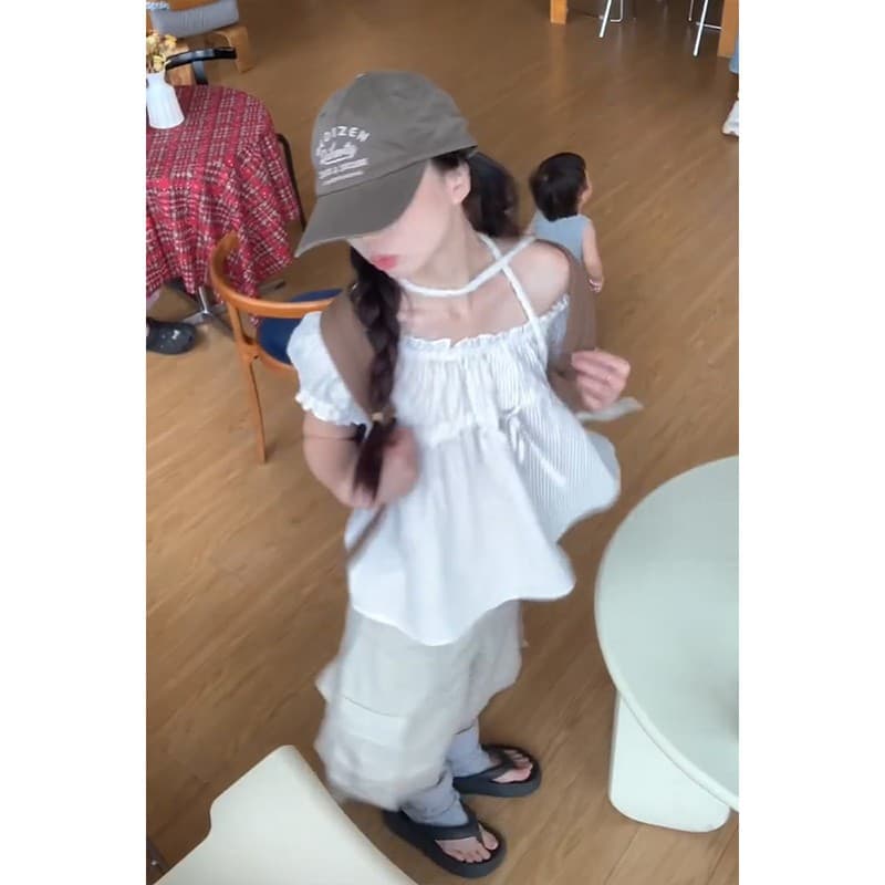 정가 한 부서 달콤한 스타일 오프숄더 루즈핏 여성 셔츠 여름 폭발 슬림해 보이는 넓은 다리 7부 바지 세트 이미지 6
