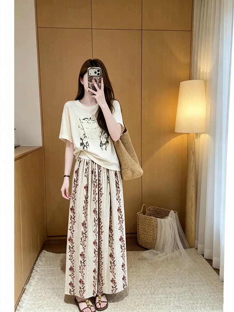 정가 한 부서 느긋한 바람 캐주얼 루즈핏 반팔 티셔츠 여성 디자인 센스 프린트 넓은 다리 길이 바지 세트 상세 이미지 4