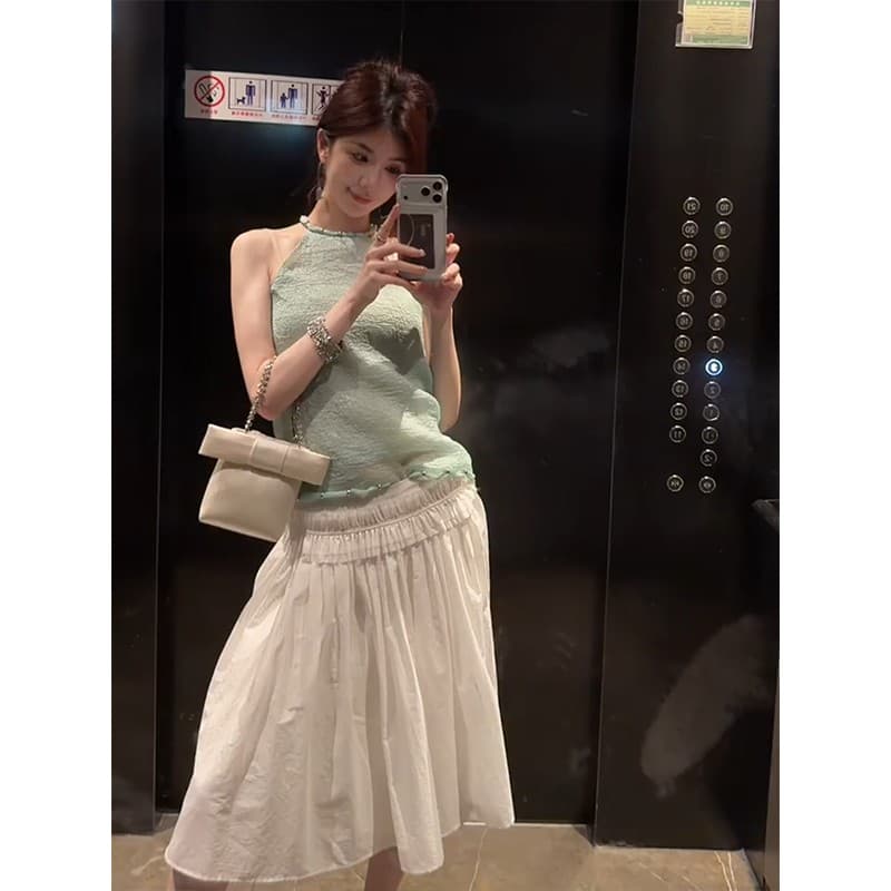 정가 프랑스식 순수한 욕망 핫걸 행침 목 조끼 여성 여름 새로운 루즈핏 발레 바람 반신 치마 세트 이미지 4