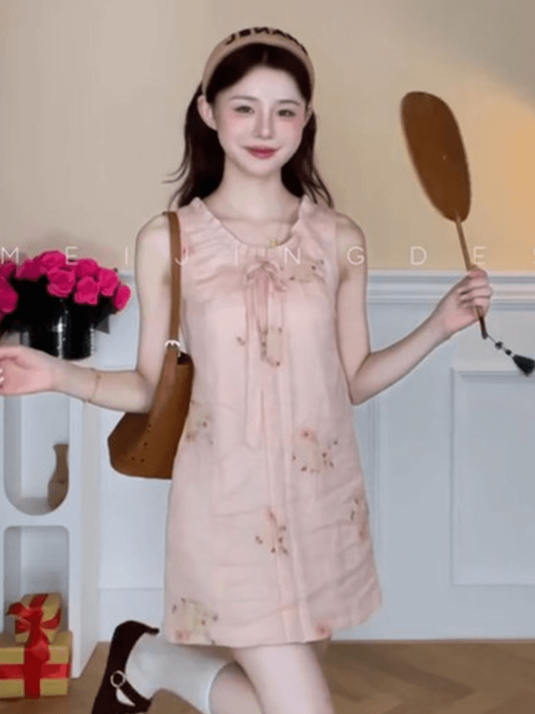 정가 달콤함 하트 프린트 민소매 멜빵 여성 드레스 2026 여름 새로운 루즈핏 슬림해 보이는 조끼 치마 이미지 3