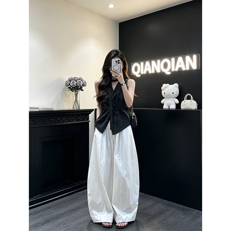 정가 한 부서 느긋한 바람 행침 목 V넥 디자인 맨위 여성 여름 다용도 루즈핏 와이드 레그 팬츠 세트 이미지 4