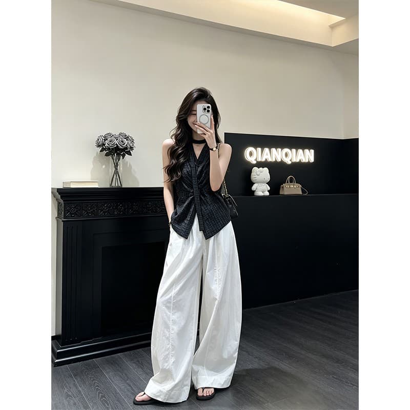 정가 한 부서 느긋한 바람 행침 목 V넥 디자인 맨위 여성 여름 다용도 루즈핏 와이드 레그 팬츠 세트 이미지 3