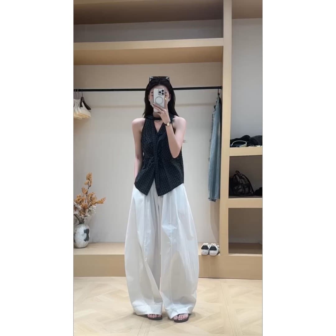정가 한 부서 느긋한 바람 행침 목 V넥 디자인 맨위 여성 여름 다용도 루즈핏 와이드 레그 팬츠 세트 이미지 2