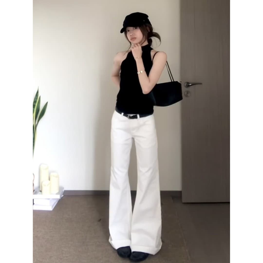 정가 재고 있음 아메리칸 핫걸 바람 반하이넥 니트 행침 목 조끼 여성 여름 부츠컷 청바지 세트 이미지 3