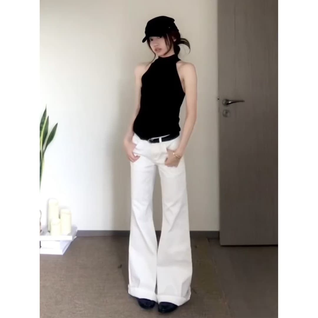 정가 재고 있음 아메리칸 핫걸 바람 반하이넥 니트 행침 목 조끼 여성 여름 부츠컷 청바지 세트 이미지 5
