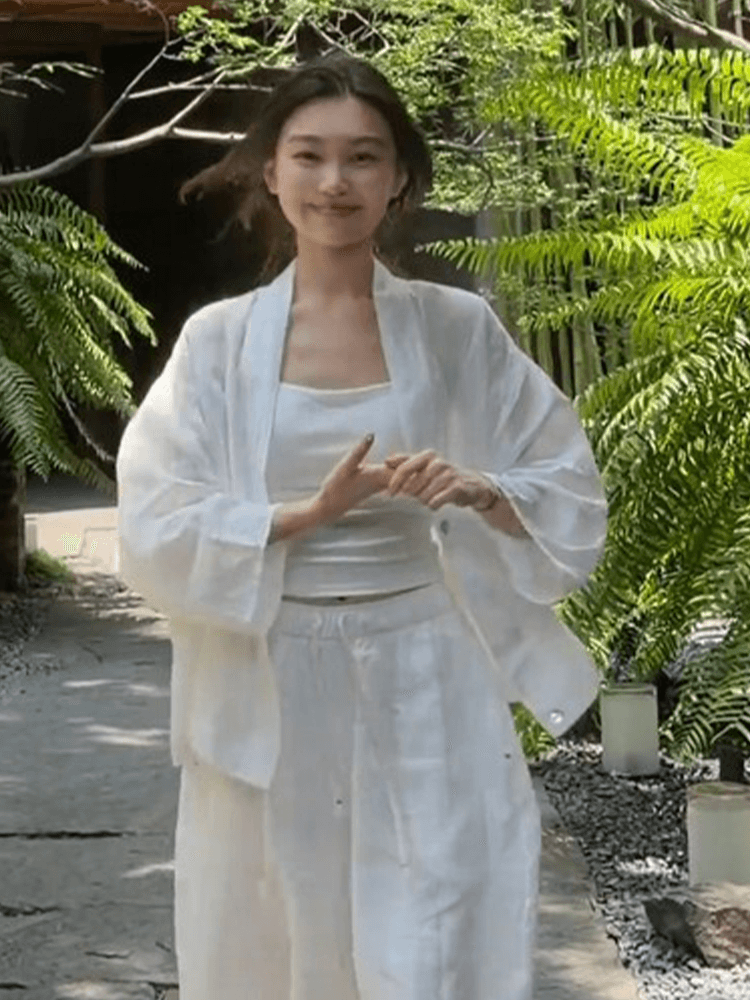 정가 재고 있음 한 부서 캐주얼 바람 착용 가져 가라. 여성 화이트 루즈핏 자외선 차단 여름 새로운 느슨함 센스 넓은 다리 캐주얼 바지 상세 이미지 8