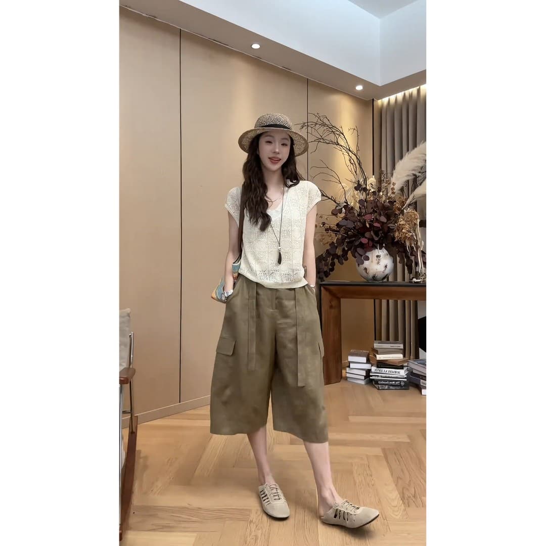정가 프랑스식 오래된 돈 바람 홀로우 아웃 반팔 맨위 여성 여름 새로운 하이웨이스트 넓은 다리 7부 바지 세트 상세 이미지 4