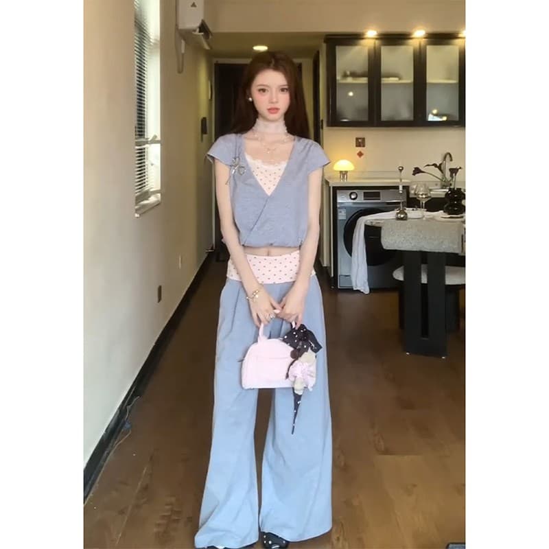 정가 한 부서 소녀 센스 별 슬립 날다 소매 슬림해 보이는 맨위 여름 페이크 레이어드 캐주얼 바지 세트 이미지 5