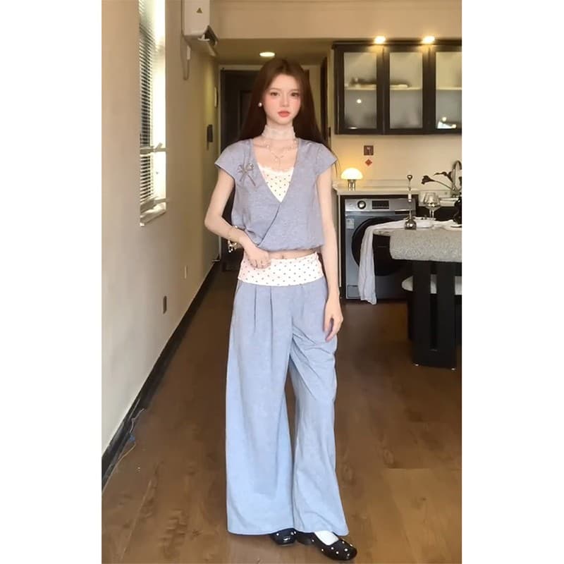 정가 한 부서 소녀 센스 별 슬립 날다 소매 슬림해 보이는 맨위 여름 페이크 레이어드 캐주얼 바지 세트 상세 이미지 2