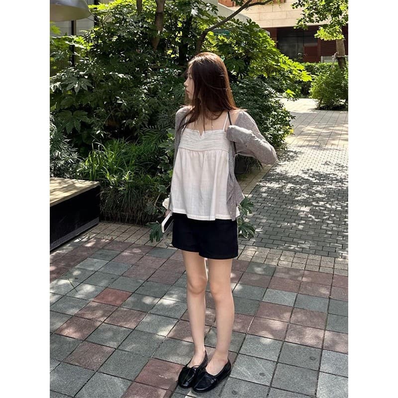 정가 한 부서 품격 회색 자외선 차단 오픈 가디건 캐미솔 하이웨이스트 슬림해 보이는 캐주얼 반바지 세트 이미지 5