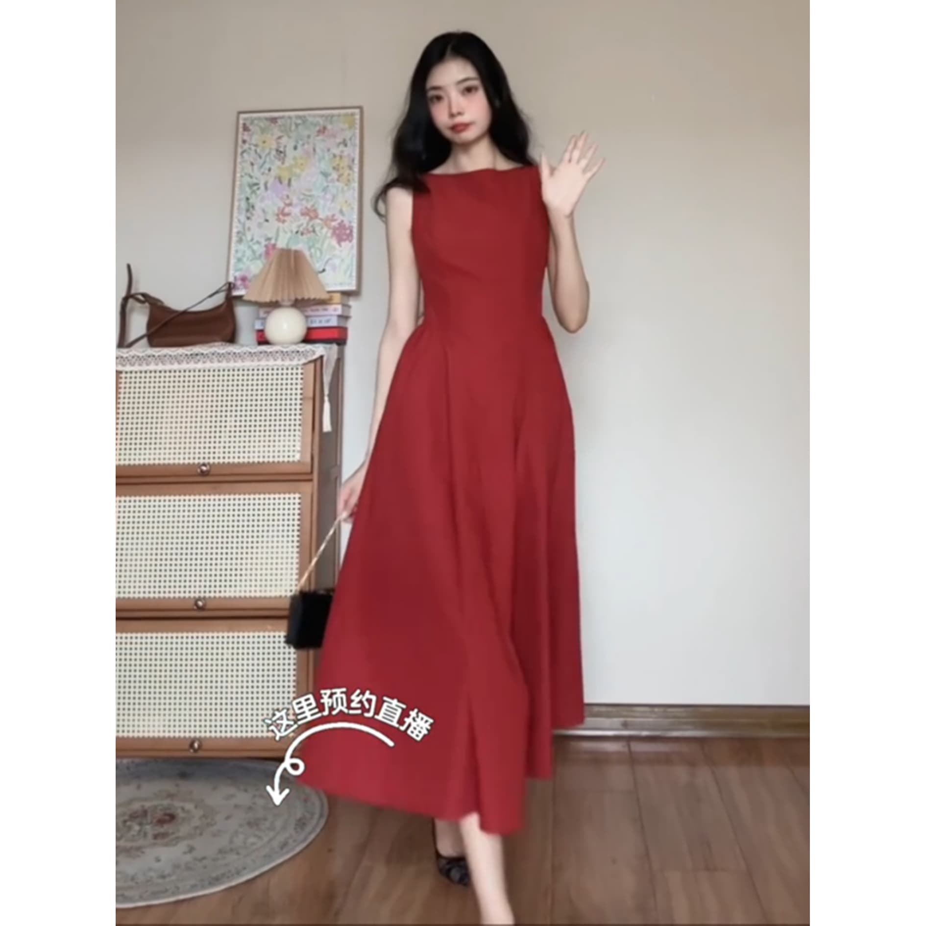 정가 레트로 품격 빨간색 민소매 여성 드레스 여름 새로운 고급 센스 허리 수축 슬림해 보이는 대 스윙 길이 치마 이미지 6