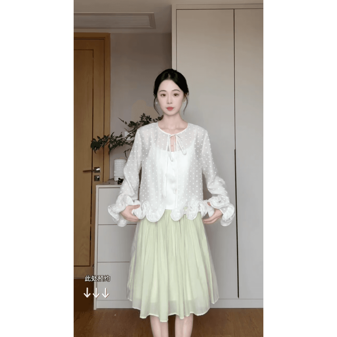 정가 새로운 중식 빛 럭셔리 바람 시스루 프릴 쉬폰 오픈 가디건 여름 망사 반신 치마 세트 이미지 3