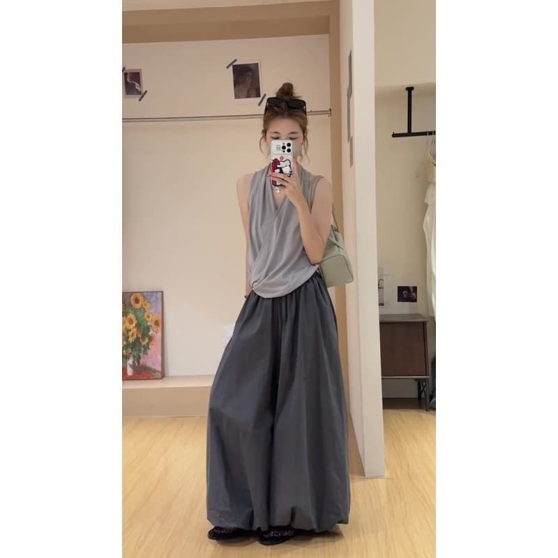정가 빛 럭셔리 센스 V넥 행침 목 민소매 조끼 맨위 여성 여름 새로운 꽃밭 와이드 레그 팬츠 세트 이미지 2