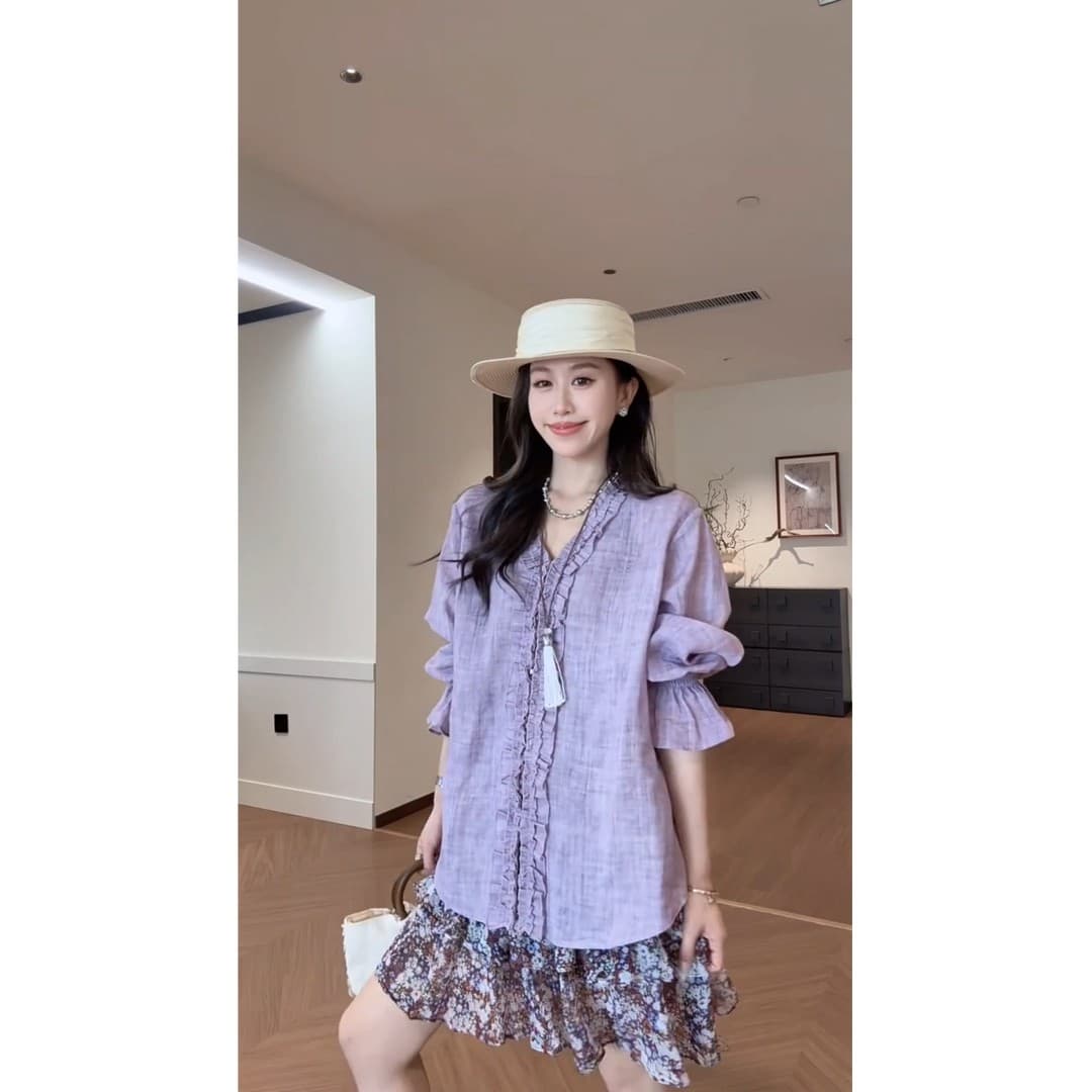 정가 달콤한 스타일 보라색 V넥 프릴 맨위 여성 여름 디자인 센스 한 마디 반신 치마 세트 상세 이미지 5