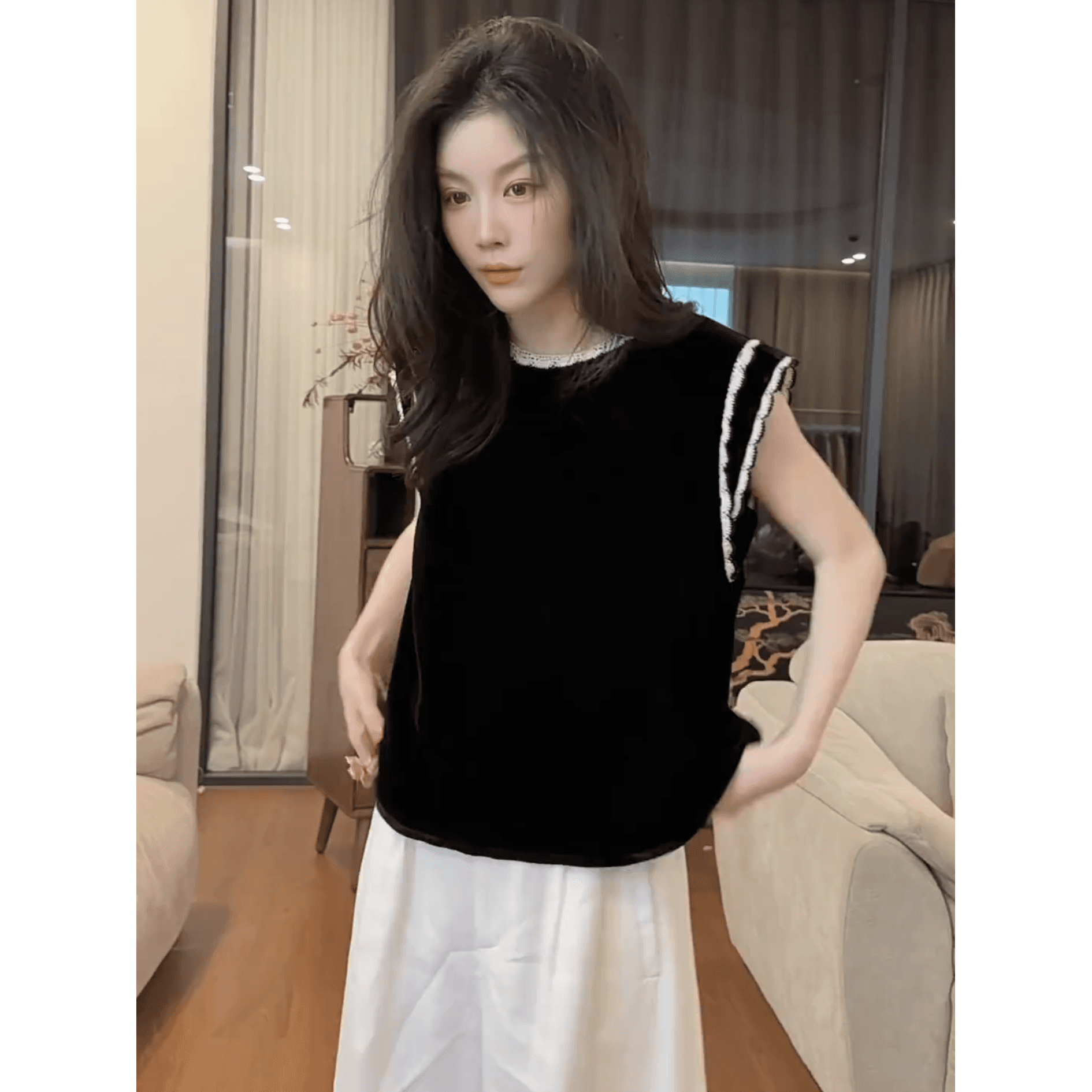 정가 프랑스식 빛 럭셔리 바람 레이스 레이스 벨벳 작은 날다 소매 티셔츠 여성 여름 새로운 작은 대중 연령 감소 맨위 이미지 5